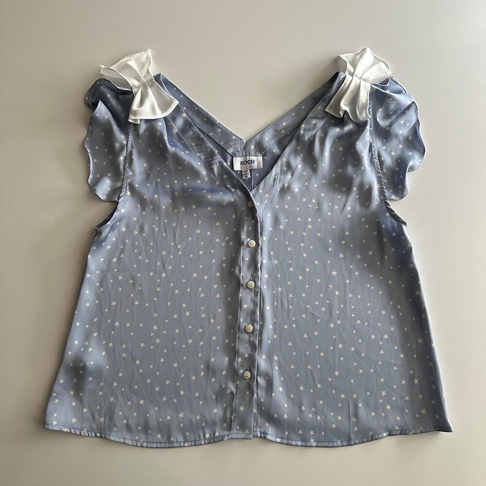 Koch Silky Flutter Sleeve Shoulder Bow Button Up Baby Blue Star Print Blouse M